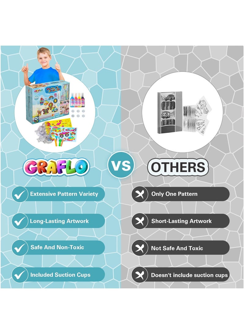 GRAFLO Window Art Studio Kit for Boys to Paint, Make Your Own Suncatchers Set - DIY 3D Paint Sticky Arts - 96+ Patterns for More Kids Fun - 8 Vivid Colors - DIY Window & Mirror Arts Crafts for Kids - Image 2