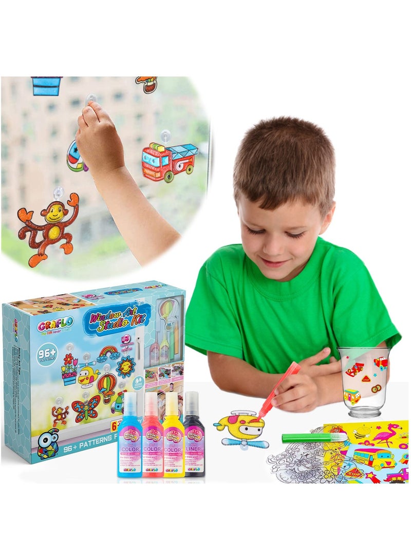 GRAFLO Window Art Studio Kit for Boys to Paint, Make Your Own Suncatchers Set - DIY 3D Paint Sticky Arts - 96+ Patterns for More Kids Fun - 8 Vivid Colors - DIY Window & Mirror Arts Crafts for Kids - Image 1