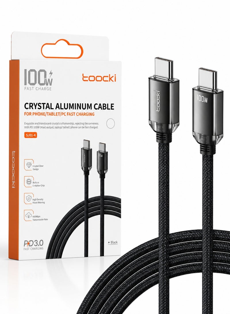 Toocki Crystal Aluminum USB-C to USB-C Fast Charging Cable 100W PD | E-Marker Smart Chip | 480Mbps Data Transfer | Durable Braided Nylon Cable | Compatible with Laptops, Tablets & Smartphones | Black - Image 1