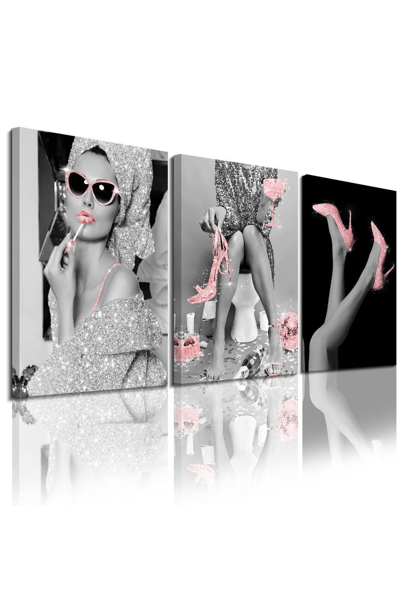 calmart Fashion Wall Art Bathroom Pink Wall Decor, Modern Women Picture Photos Glittering Dress Canvas Wall Art, Pink Glam Glitter Canvas Posters, Funny Bathroom Artwork
