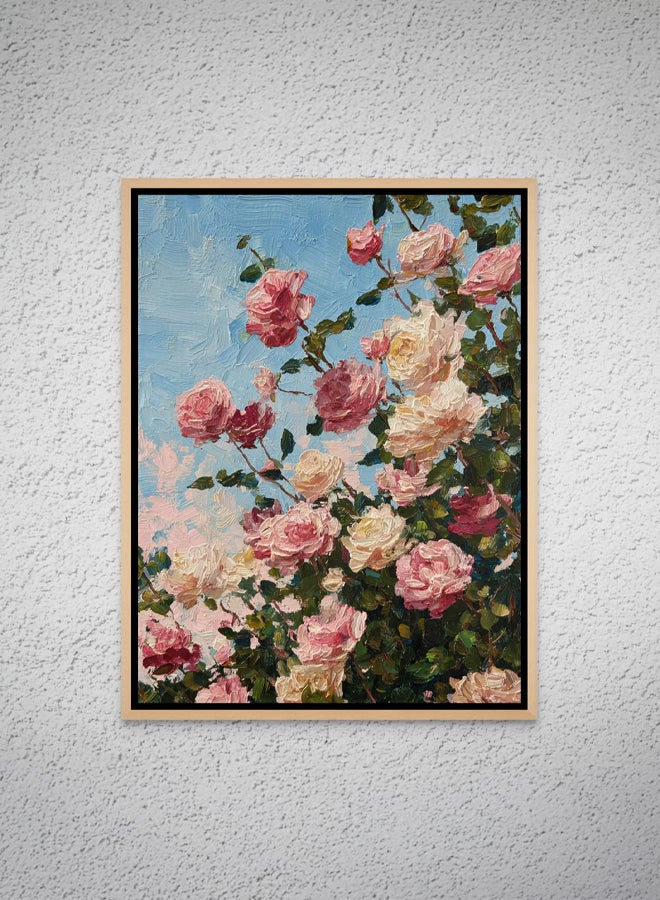 Art Decor Framed Canvas Portrait Print of Pink Roses on Blue Background Modern Abstract Floral Botanical Art Wall Décor Living Room Bedroom Office Home Décor - Image 1