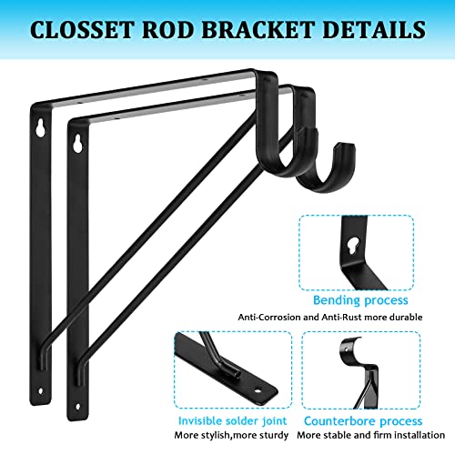 AYAYGD 4PCS Heavy Duty Black Closet Rod Brackets 11 x 11 Inch,1-3/8Inch Diameter Shelf and Rod Bracket Holder for Home and Closet Decor, Wall Mount Closet Pole Supports Bracket Hook with Screws - Image 3