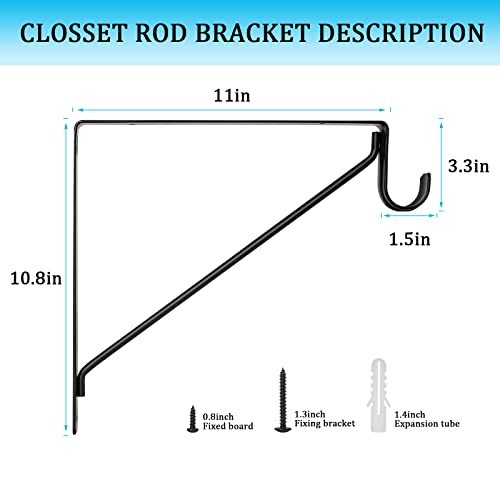 AYAYGD 4PCS Heavy Duty Black Closet Rod Brackets 11 x 11 Inch,1-3/8Inch Diameter Shelf and Rod Bracket Holder for Home and Closet Decor, Wall Mount Closet Pole Supports Bracket Hook with Screws - Image 2