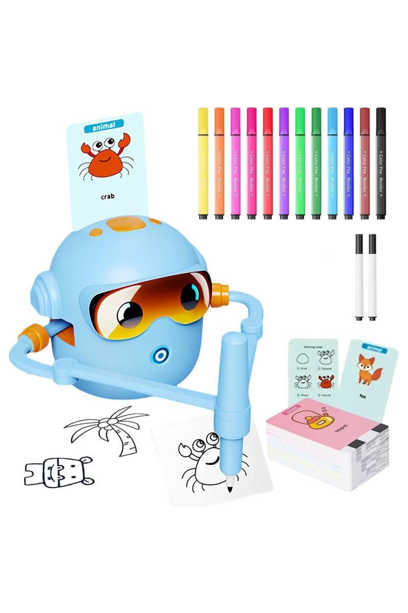 MOMENT MOMENT Drawing Robot for Kids, Interactive Educational Drawing Robot for Kids, Magic Painting Robot Toy with 100 Word Cards & 12 Color Pens for Girls and Boys Age 3+ (Blue) - Image 1