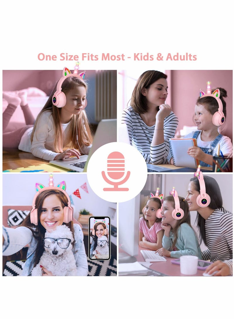 SYOSI سماعات رأس يونيكورن، سماعات بلوتوث قابلة للطي ستيريو مع ميكروفون وتحكم في مستوى الصوت تضيء للكمبيوتر الشخصي (وردي) - Image 5