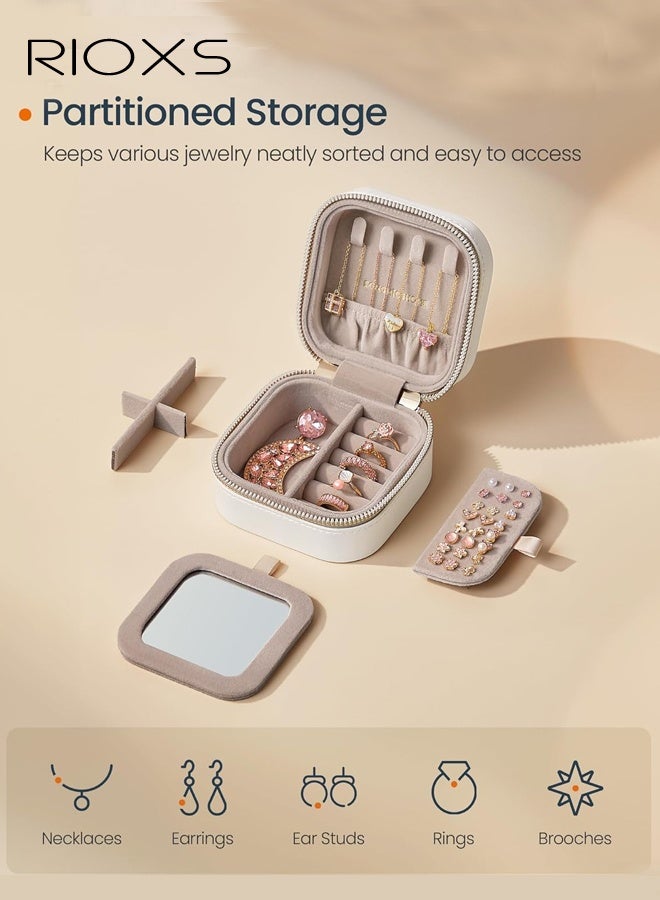 RIOXS Travel Jewelry Case, Lightweight Portable Mini Travel Jewelry Organizer with Mirror, 11*11*6.3CM, PU Leather Waterproof Samll Jewelry Box with Double Zipper Closure, Dainty Jewelry Organizer Case for Rings Earrings Necklaces Bracelets, White - Image 4