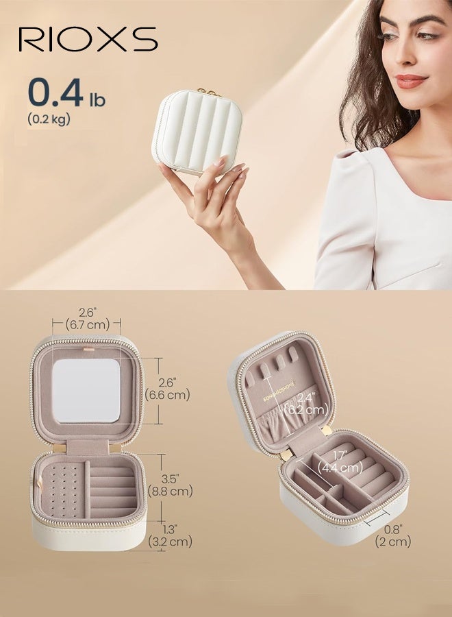 RIOXS Travel Jewelry Case, Lightweight Portable Mini Travel Jewelry Organizer with Mirror, 11*11*6.3CM, PU Leather Waterproof Samll Jewelry Box with Double Zipper Closure, Dainty Jewelry Organizer Case for Rings Earrings Necklaces Bracelets, White - Image 5