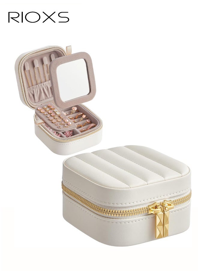 RIOXS Travel Jewelry Case, Lightweight Portable Mini Travel Jewelry Organizer with Mirror, 11*11*6.3CM, PU Leather Waterproof Samll Jewelry Box with Double Zipper Closure, Dainty Jewelry Organizer Case for Rings Earrings Necklaces Bracelets, White - Image 1