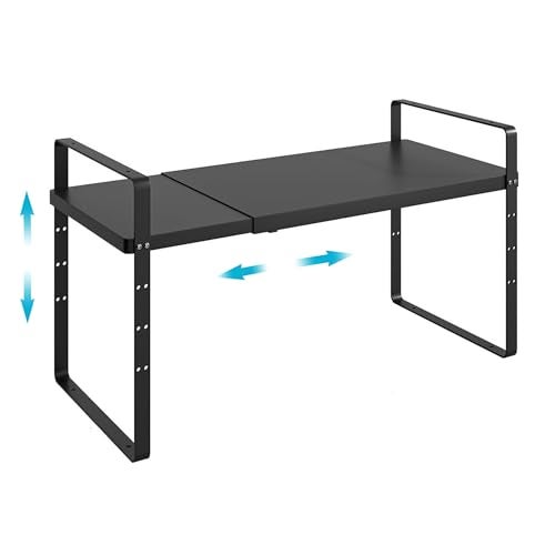 iPEGTOP Expandable Cabinet Storage Shelf Organizer Heavy Duty Steel Metal Spice Rack Adjustable Height Home Office Garage Pantry Shelf Space Riser for Counter Kitchen Organization Black 1 Pack - Image 1
