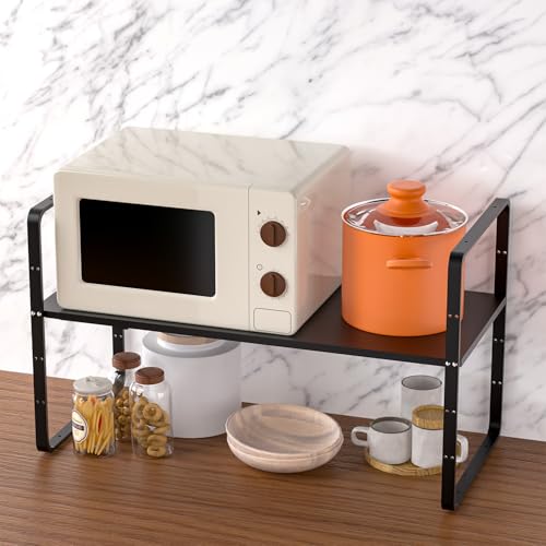 iPEGTOP Expandable Cabinet Storage Shelf Organizer Heavy Duty Steel Metal Spice Rack Adjustable Height Home Office Garage Pantry Shelf Space Riser for Counter Kitchen Organization Black 1 Pack - Image 3