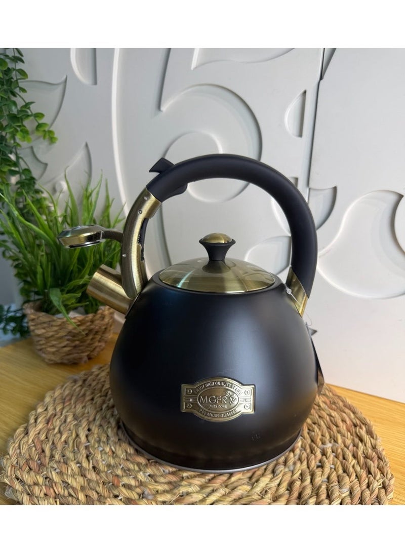 Black colored stainless steel kettle, stainless steel kettle with direct fire whistle, heavy material, 3 liter capacity - Image 1