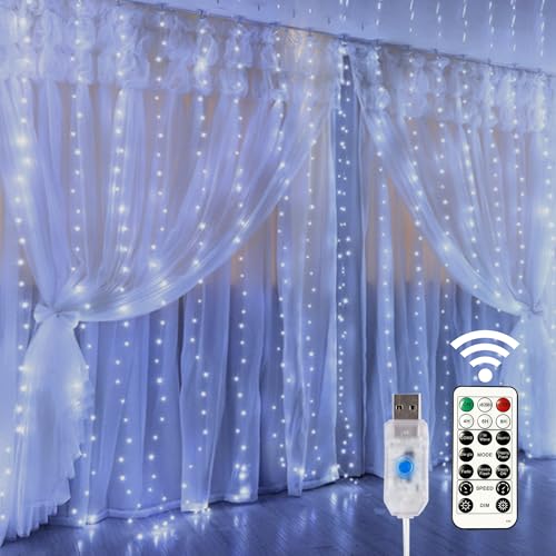 HOME LIGHTING إضاءة المنزل ستائر نافذة مصابيح خيطية، 300 LED 8 أوضاع إضاءة ضوء نحاسي خيالي مع جهاز تحكم عن بعد، يعمل بالطاقة USB مقاوم للماء لعيد الميلاد غرفة النوم حفلة زفاف ديكورات حائط المنزل والحديقة، أبيض بارد - Image 1