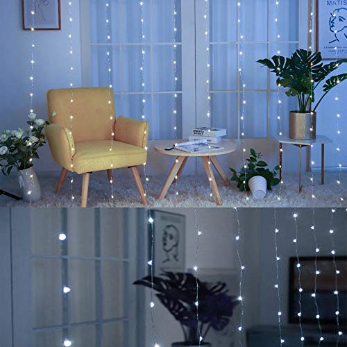 HOME LIGHTING إضاءة المنزل ستائر نافذة مصابيح خيطية، 300 LED 8 أوضاع إضاءة ضوء نحاسي خيالي مع جهاز تحكم عن بعد، يعمل بالطاقة USB مقاوم للماء لعيد الميلاد غرفة النوم حفلة زفاف ديكورات حائط المنزل والحديقة، أبيض بارد - Image 3