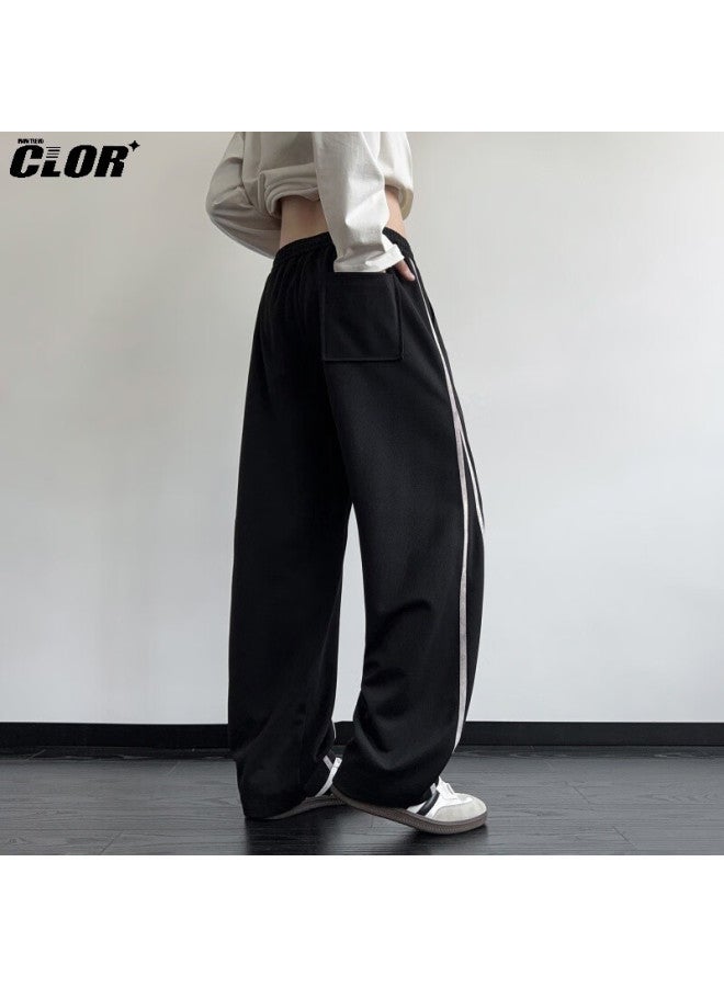 Clor Men's Pants Spring Autumn American Style Loose Straight Casual Draped Striped Sports Sweatpants Cl98 Black XL - Image 3
