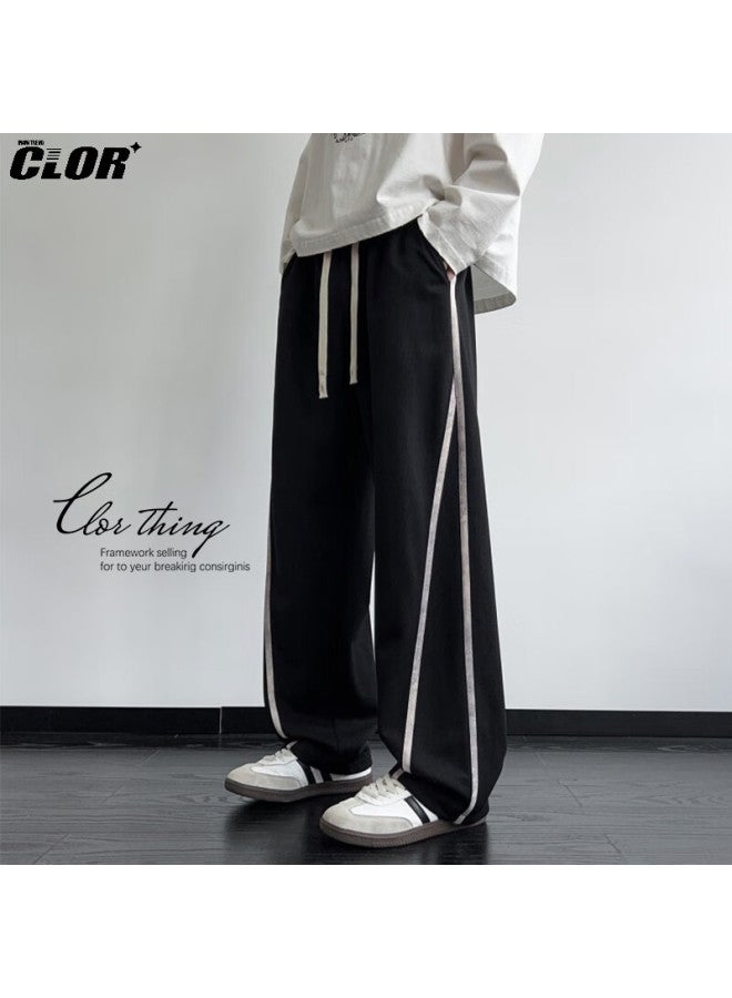 Clor Men's Pants Spring Autumn American Style Loose Straight Casual Draped Striped Sports Sweatpants Cl98 Black XL - Image 1