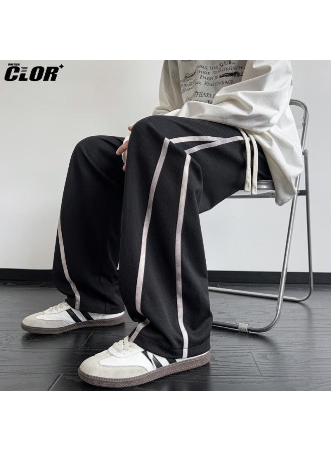 Clor Men's Pants Spring Autumn American Style Loose Straight Casual Draped Striped Sports Sweatpants Cl98 Black XL - Image 5