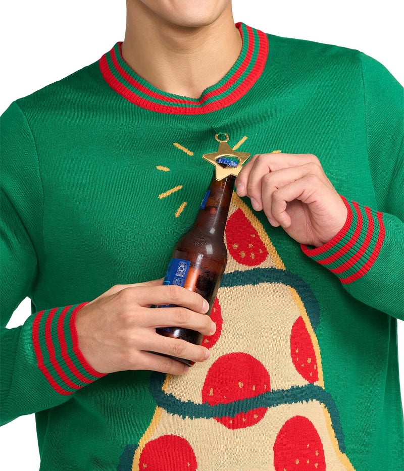 Tipsy Elves Men's Ugly Christmas Sweaters - Funny and Tacky Embellished Christmas Sweaters for Men - Green Pizza Tree Christmas Sweater with Real Star Tree Topper Bottle Opener Size Large - Image 3