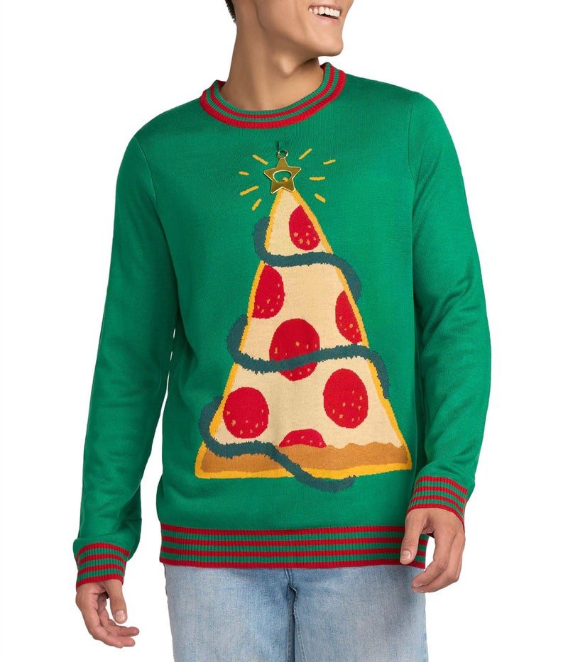 Tipsy Elves Men's Ugly Christmas Sweaters - Funny and Tacky Embellished Christmas Sweaters for Men - Green Pizza Tree Christmas Sweater with Real Star Tree Topper Bottle Opener Size Large - Image 1