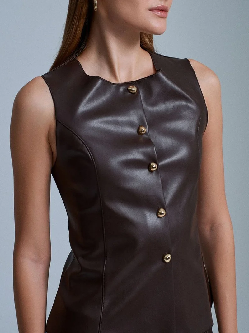 ديلفين DILVIN Fitted Faux Leather Button Waistcoat