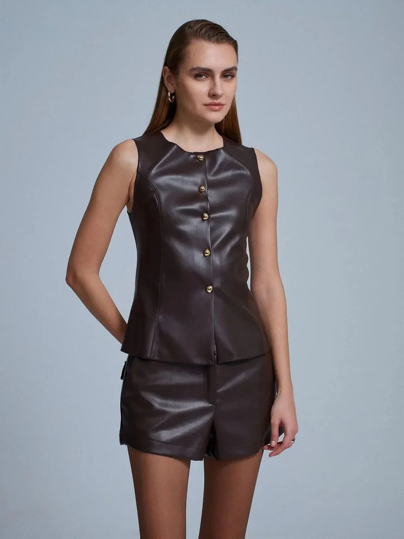 ديلفين DILVIN Fitted Faux Leather Button Waistcoat