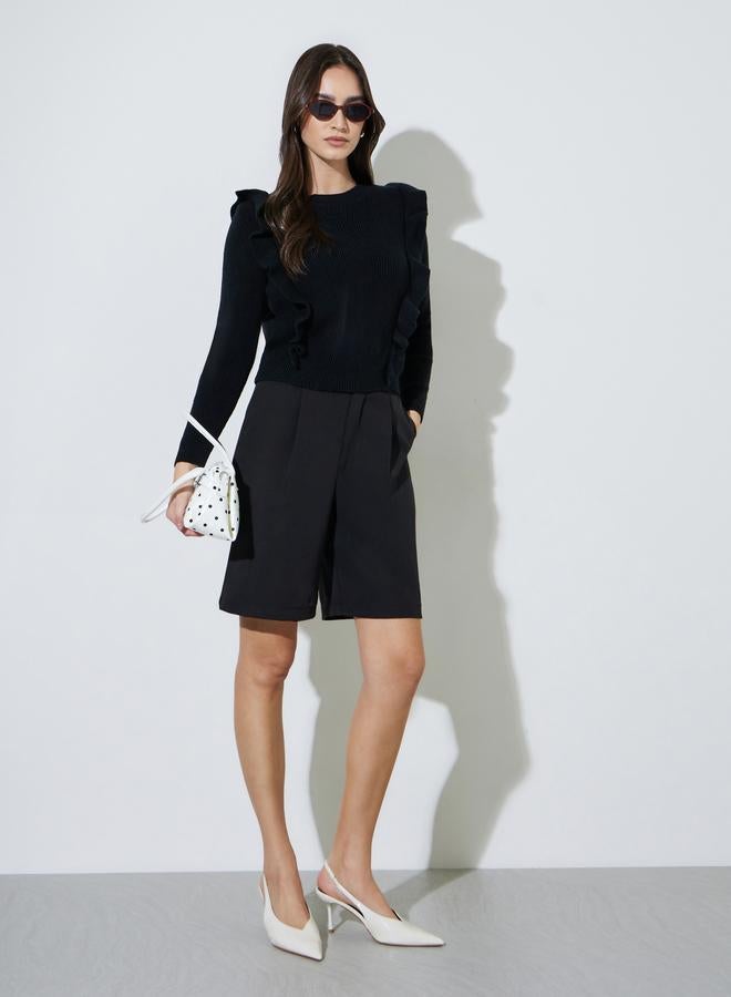 Styli Black Solid Ruffled Sleeves Knit Jumper - Image 2