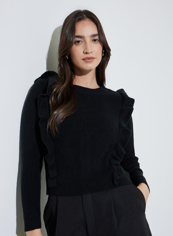 Styli Black Solid Ruffled Sleeves Knit Jumper - Image 3