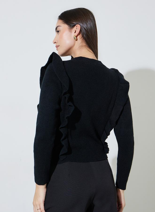Styli Black Solid Ruffled Sleeves Knit Jumper - Image 5