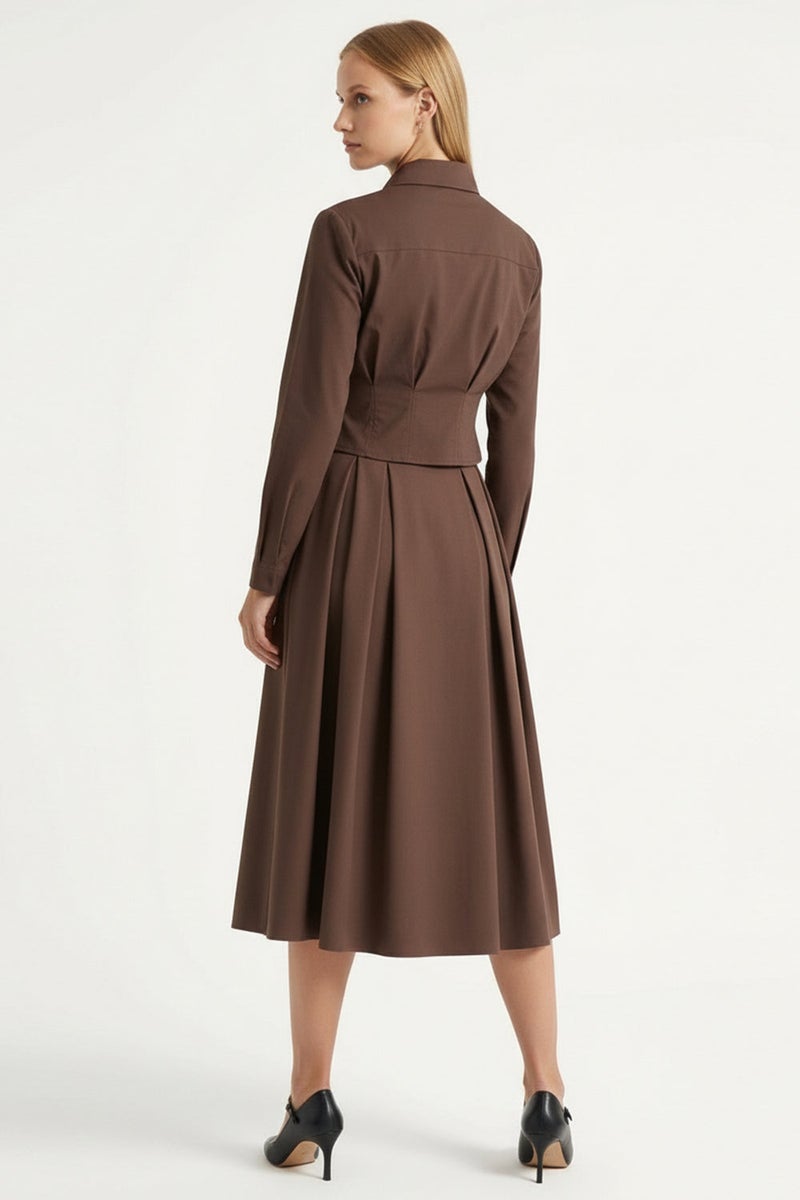 EXQUISE Shirt Collar Long Sleeve Pleated Detail Crop Regular Brown Shirt - Image 5