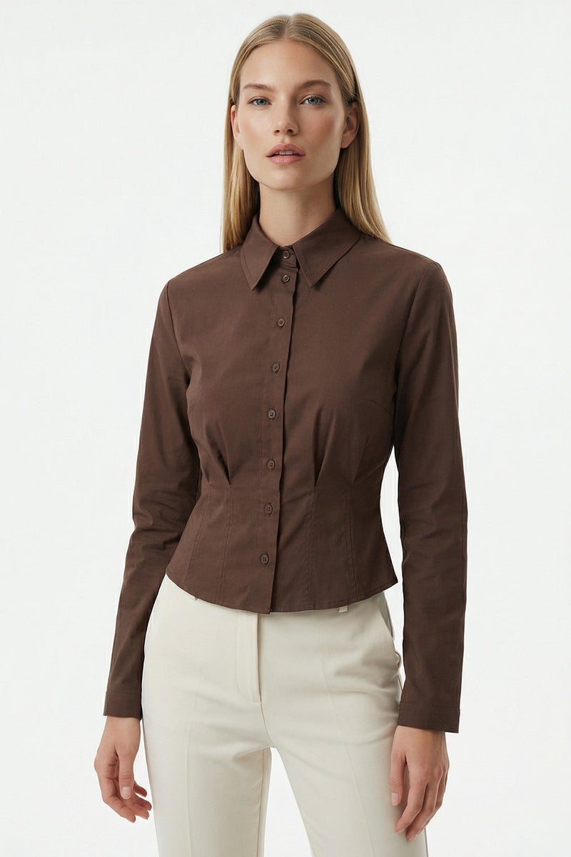 EXQUISE Shirt Collar Long Sleeve Pleated Detail Crop Regular Brown Shirt - Image 2