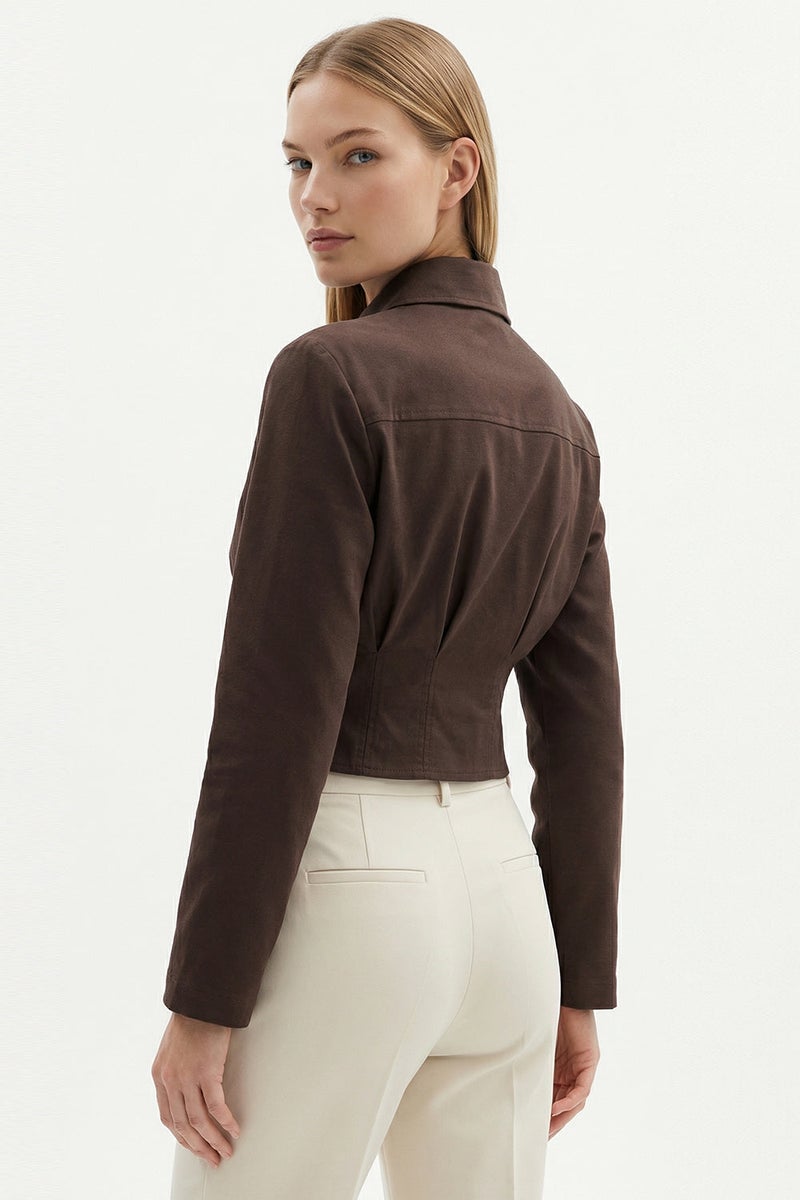 EXQUISE Shirt Collar Long Sleeve Pleated Detail Crop Regular Brown Shirt - Image 3