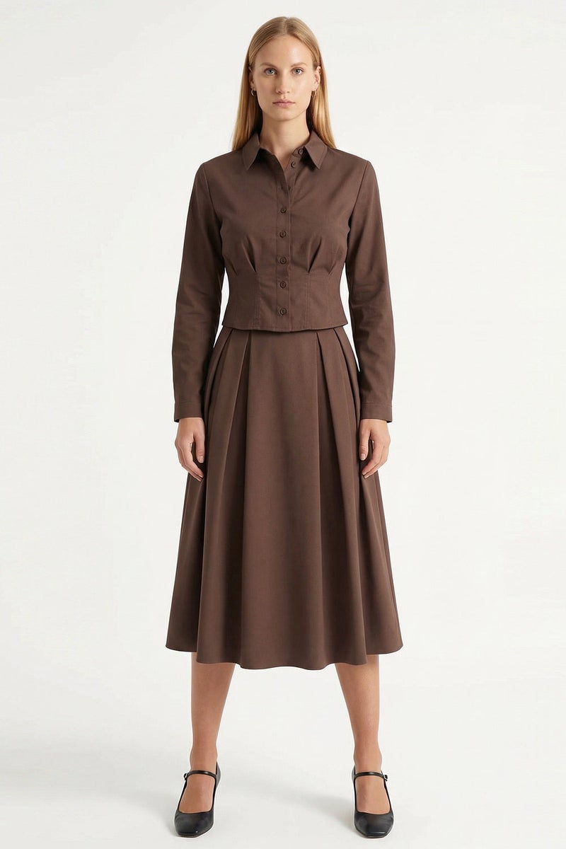 EXQUISE Shirt Collar Long Sleeve Pleated Detail Crop Regular Brown Shirt - Image 4