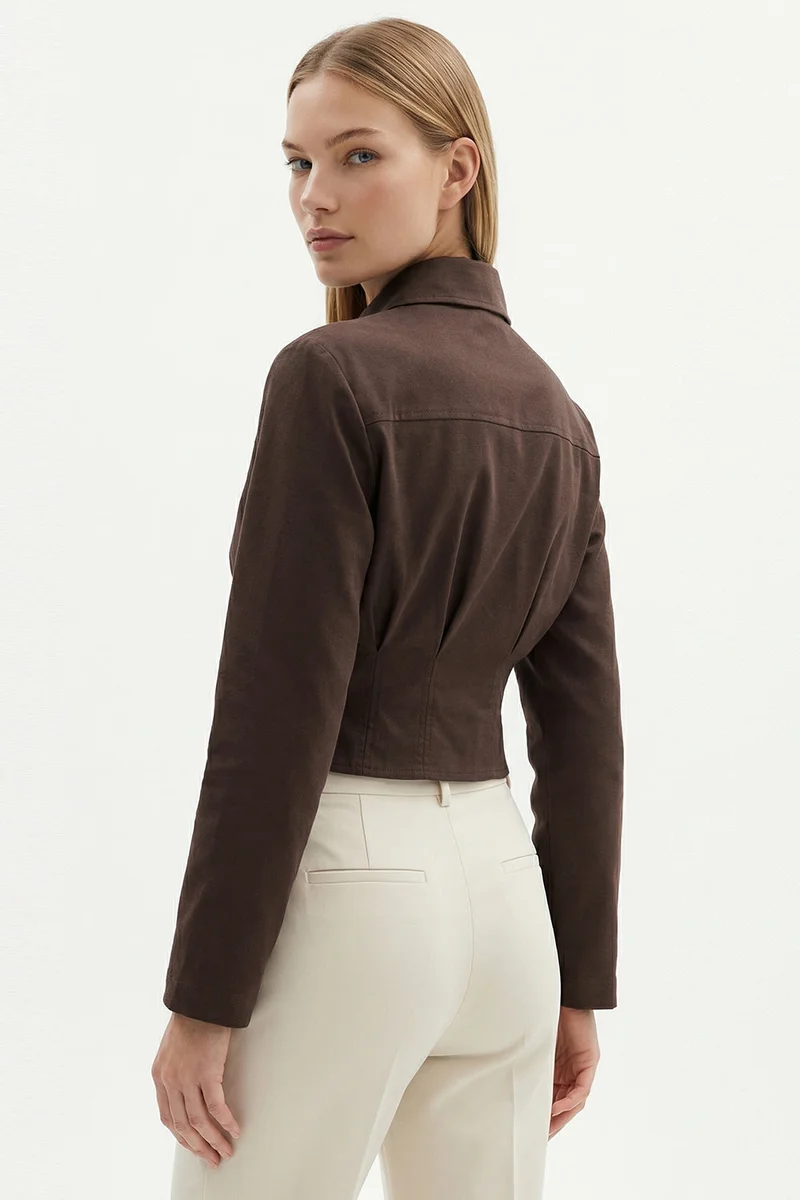 Exquise Shirt Collar Long Sleeve Pleated Detail Crop Regular Brown Shirt