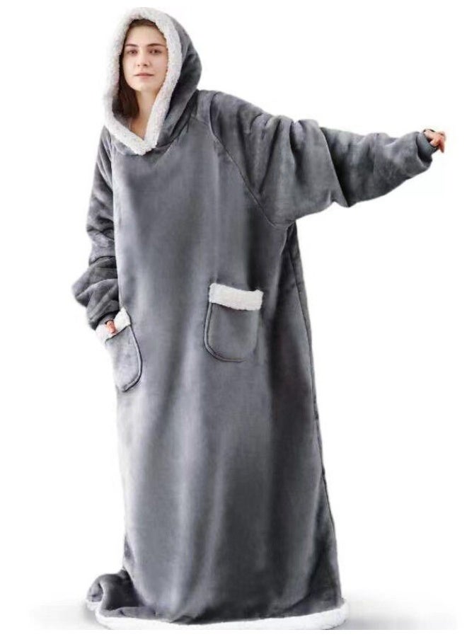 Thickened Flannel Warm Pullover Pajamas, Extra-large Long-sleeved Hooded Loungewear, Suitable for Home or Office Use, Unisex—Gray