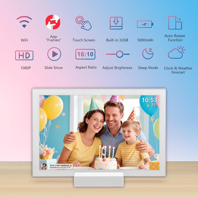 Akimart 10.1 Inch 32GB WiFi Digital Photo Frame with Battery, Digital Frame Rechargeable IPS LCD Touch Screen, Auto-Rotate Portrait and Landscape, Share Moments Instantly via Frameo App from Anywhere - Image 2