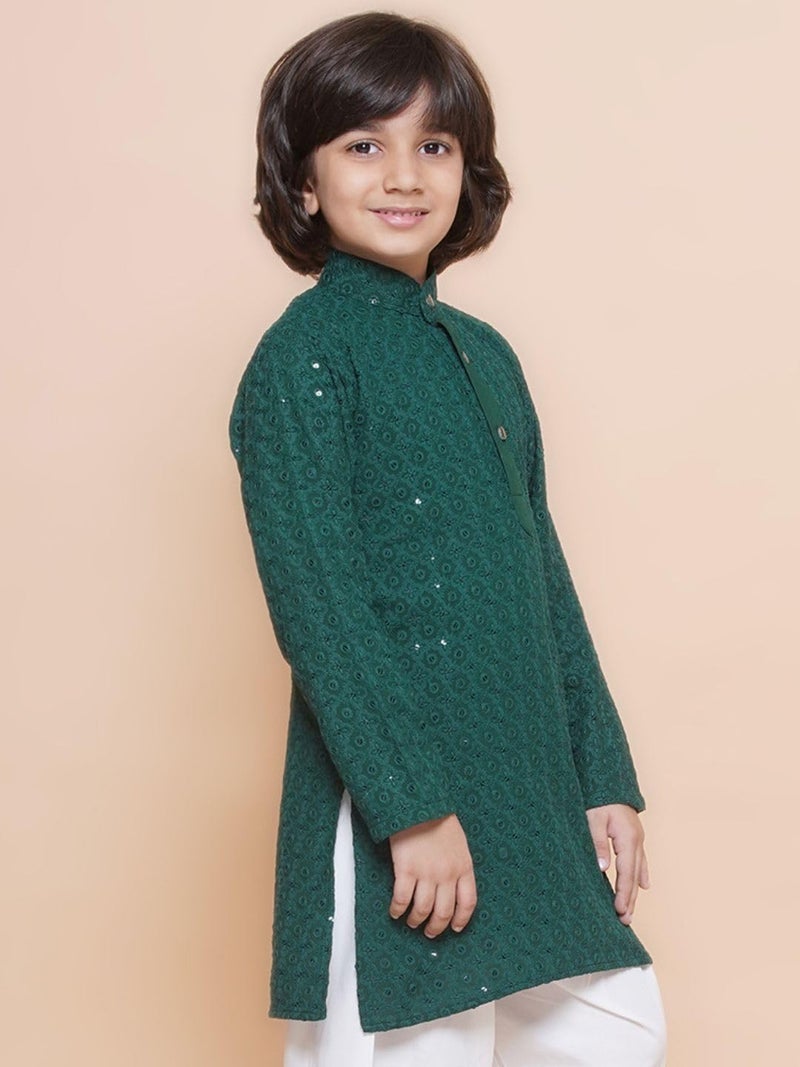 AJ DEZINES Kids Cotton Full Sleeve Sequined Teal Kurta for Boys - Ethnic wear | Special Occasion & Party Outfit | Chikankari Kurta for boys - Regular Fit - Image 5