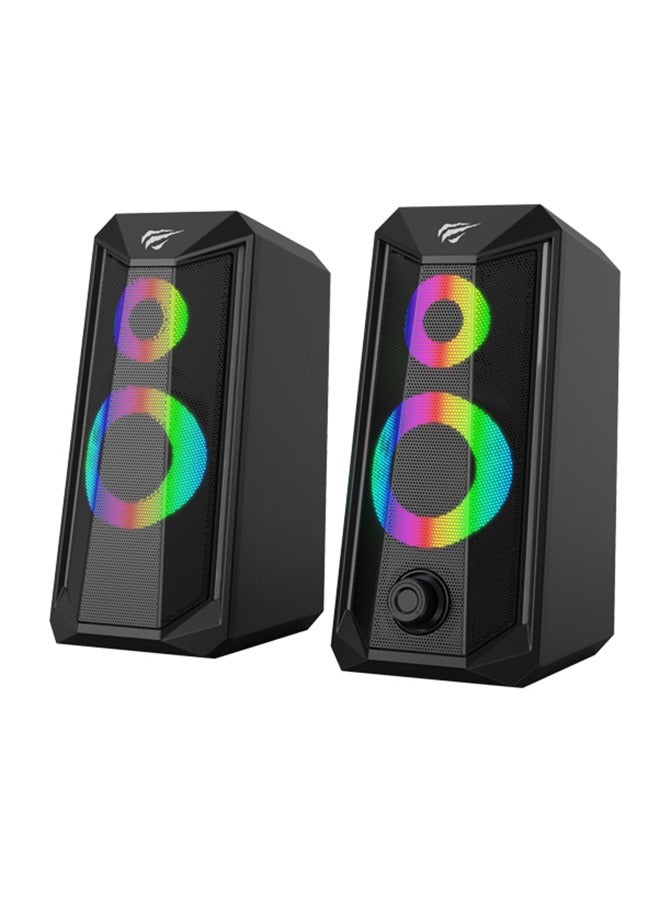هافيت مكبر صوت رياضي إلكتروني ستيريو SK202 GAMENOTE بإضاءة RGB - مكبران صوتيان كاملان النطاق، إضاءة LED RGB، منافذ توصيل USB/3.5 ملم/AUX، مكبر صوت محمول للألعاب والكمبيوتر مع خاصية تعزيز الجهير، أسود | HVSPK-SK202-BK - Image 1