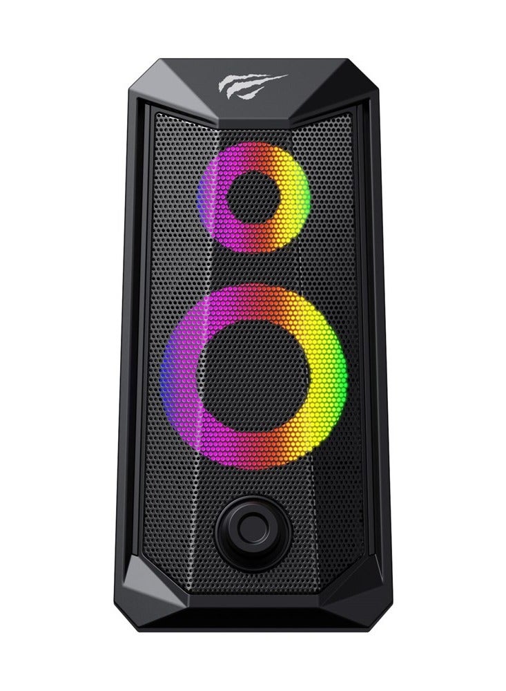 هافيت مكبر صوت رياضي إلكتروني ستيريو SK202 GAMENOTE بإضاءة RGB - مكبران صوتيان كاملان النطاق، إضاءة LED RGB، منافذ توصيل USB/3.5 ملم/AUX، مكبر صوت محمول للألعاب والكمبيوتر مع خاصية تعزيز الجهير، أسود | HVSPK-SK202-BK - Image 2