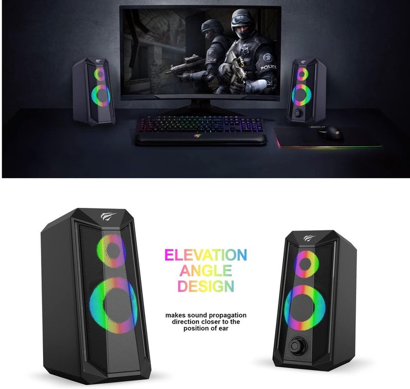 هافيت مكبر صوت رياضي إلكتروني ستيريو SK202 GAMENOTE بإضاءة RGB - مكبران صوتيان كاملان النطاق، إضاءة LED RGB، منافذ توصيل USB/3.5 ملم/AUX، مكبر صوت محمول للألعاب والكمبيوتر مع خاصية تعزيز الجهير، أسود | HVSPK-SK202-BK - Image 3
