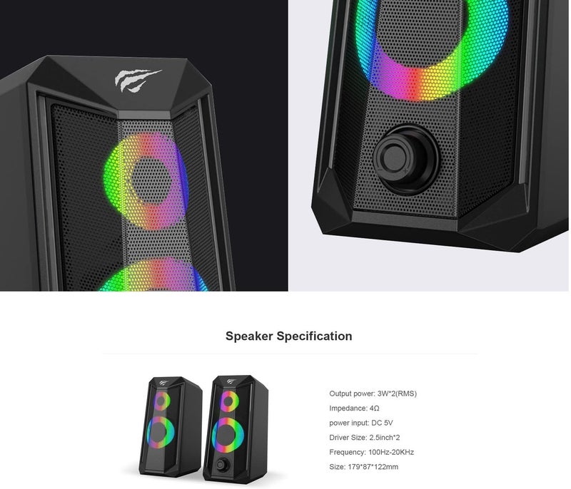 هافيت مكبر صوت رياضي إلكتروني ستيريو SK202 GAMENOTE بإضاءة RGB - مكبران صوتيان كاملان النطاق، إضاءة LED RGB، منافذ توصيل USB/3.5 ملم/AUX، مكبر صوت محمول للألعاب والكمبيوتر مع خاصية تعزيز الجهير، أسود | HVSPK-SK202-BK - Image 5