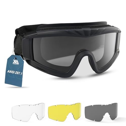 xaegistac نظارات xaegistac Airsoft، نظارات أمان تكتيكية معتمدة من ANSI Z87.1، نظارات عسكرية مضادة للضباب مع 3 عدسات قابلة للتبديل للعبة Paintball وركوب الدراجات والرماية والصيد وركوب الدراجات (أسود) - Image 1