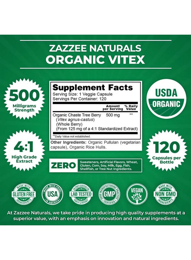 Zazzee Zazzee USDA Organic Vitex, 500 mg Strength, 120 Vegan Capsules, 4 Month Supply, Standardized and Concentrated 4X Extract, Whole USDA Certified Organic Chaste Berry, All-Natural and Non-GMO  - Image 3