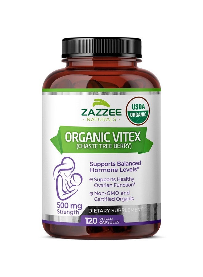 Zazzee Zazzee USDA Organic Vitex, 500 mg Strength, 120 Vegan Capsules, 4 Month Supply, Standardized and Concentrated 4X Extract, Whole USDA Certified Organic Chaste Berry, All-Natural and Non-GMO  - Image 1