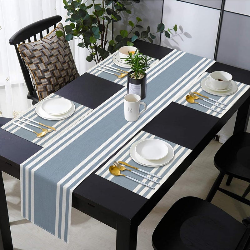Emvency Blue White Stripes Table Runner and Placemats Set of 6,Modern Geometric Painting Art Dining Decor for Daily Use(1 Table Runner 72 inches Long and 6 Placemats) - Image 5