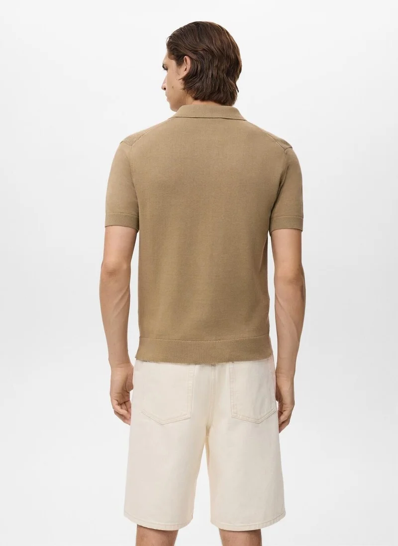 Mango Man Openwork Knitted Polo Shirt With Zip