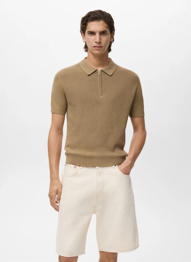 Mango Man Openwork Knitted Polo Shirt With Zip