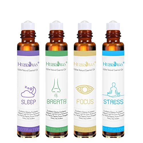 HERBROMAS Aromatherapy Oils Roller Set, Natural Pre-diluted Essential Oils Roll On with Glass Rollerball, Relaxation Gift for Women & Men, Christmas Gift, Pack 4 x 0.33fl.oz - Image 1