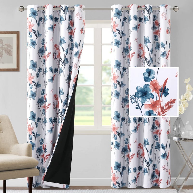 BFAM Floral Print 100% Blackout Curtain with Black Linning at Back, Floral Print Curtains for Living Room/Bedroom Thermal Insulated Energey Saving Blossom Curtain, Pack of 1 Curtain - Image 1