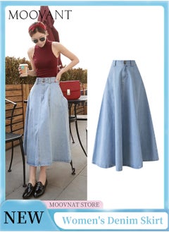 Moovant High-waisted Denim Skirt for Women, Retro Textured Denim Skirt, Slimming A-line Dress, Simple Ruffle Hem Skirt, Ladies Summer Wearing, Blue  - Image 1