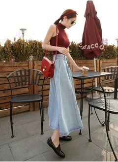 Moovant High-waisted Denim Skirt for Women, Retro Textured Denim Skirt, Slimming A-line Dress, Simple Ruffle Hem Skirt, Ladies Summer Wearing, Blue  - Image 5
