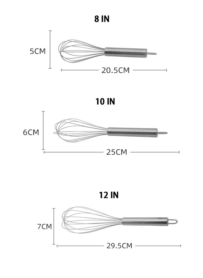 Stainless Steel Whisk, Kitchen Egg Beater Tool for Blending, Whisking, Beating and Stirring, Set of 3 (8 Inch+10 Inch+12 Inch) - Image 3